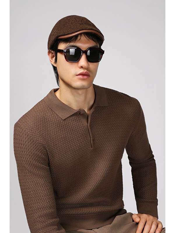 Kiğılı Polo Yaka Regular Fit Desenli Pamuklu Triko Kazak