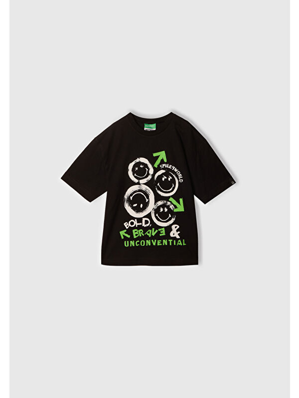 United Colors Of Benetton Erkek Çocuk Siyah Smiley World Baskılı Logo Etiketli T-Shirt