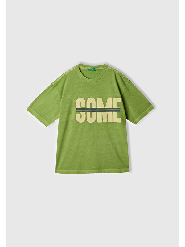 United Colors Of Benetton Erkek Çocuk Fıstık Yeşili Slogan Baskılı Soluk Efektli T-Shirt