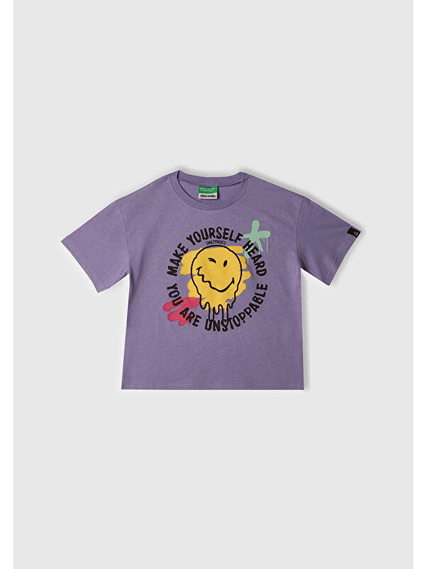 United Colors Of Benetton Kız Çocuk Mor Smiley World Baskılı Logo Etiketli T-Shirt