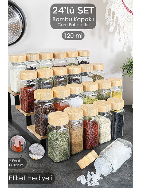 Meleni Home 24'lü Bambu Kapaklı Cam Baharatlık Seti Etiketli Tuzluk Biberlik Köşeli Baharat Takımı 120 ml