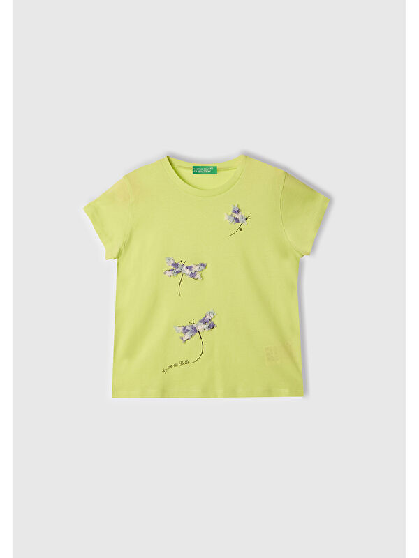United Colors Of Benetton Kız Çocuk Sarı Nakışlı ve Baskılı T-Shirt