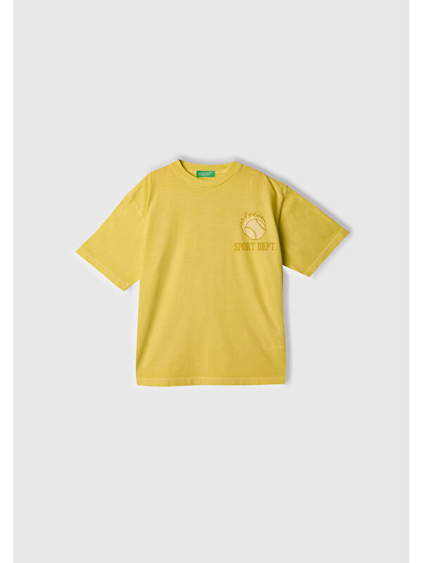 United Colors Of Benetton Erkek Çocuk Sarı Slogan Baskılı Soluk Efektli T-Shirt