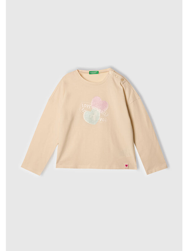 United Colors Of Benetton Kız Çocuk Krem Baskılı Logo Etiketli Kalp Düğmeli T-Shirt