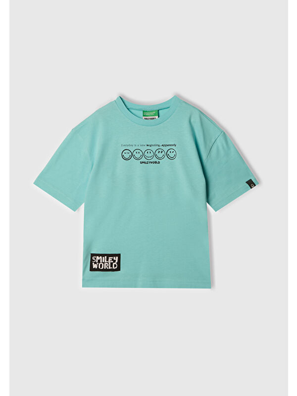 United Colors Of Benetton Erkek Çocuk Su Yeşili Smiley World Baskılı Logo Etiketli T-Shirt
