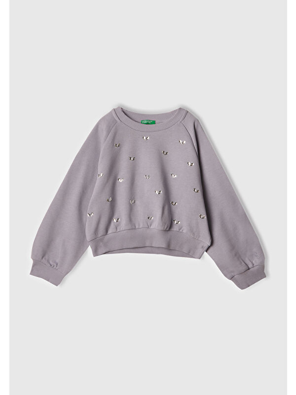United Colors Of Benetton Kız Çocuk Lila Önü Taş Detaylı Ribanalı Bisiklet Yaka Sweatshirt