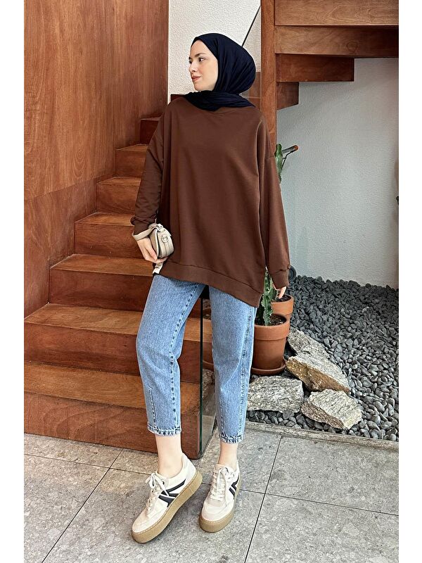 Lamelif Etiket Detaylı Oversize Sweatshirt Acı Kahverengi