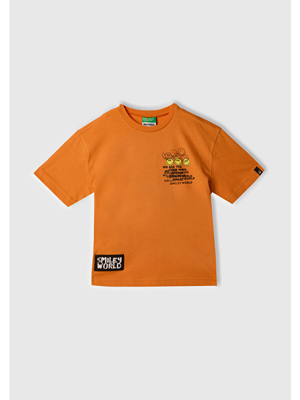 United Colors Of Benetton Erkek Çocuk Turuncu Smiley World Baskılı Logo Etiketli T-Shirt