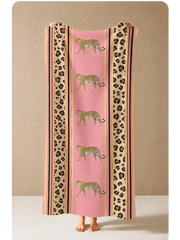 Milbay Grup Safari Pembe Leopar Bordür Kaplan Desenli 70x150 Plaj Havlusu - Dijital Baskılı Banyo Havlusu