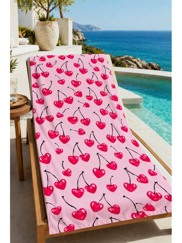 Milbay Grup Pop Art Retro Pembe Kırmızı Kiraz Desenli 70x150 Plaj Havlusu - Dijital Baskılı Banyo Havlusu