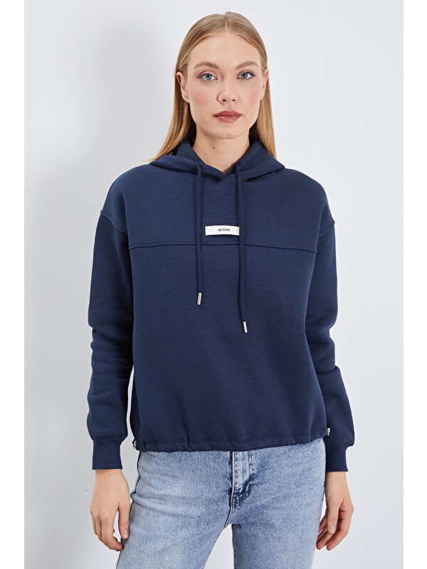 Fullamoda 3 İplik Active Baskılı Kapüşonlu Stoperli Oversize Sweatshirt