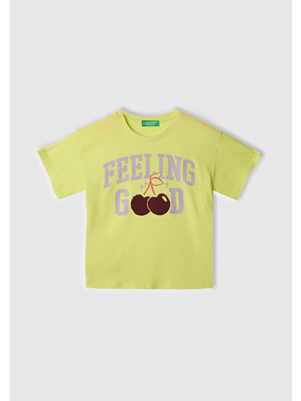 United Colors Of Benetton Kız Çocuk Sarı Önü Payet İşlemeli Baskılı T-Shirt