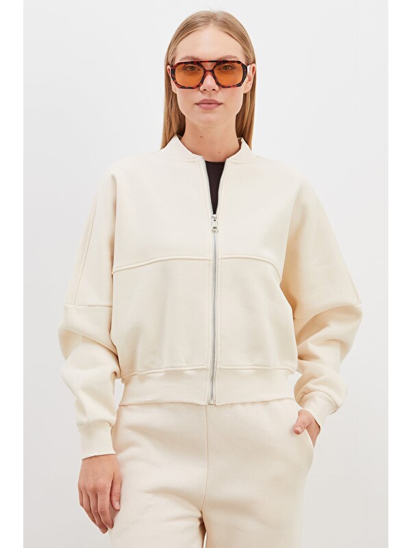 Fullamoda 3 İplik Basic Fermuarlı Dik Yaka Crop Sweatshirt