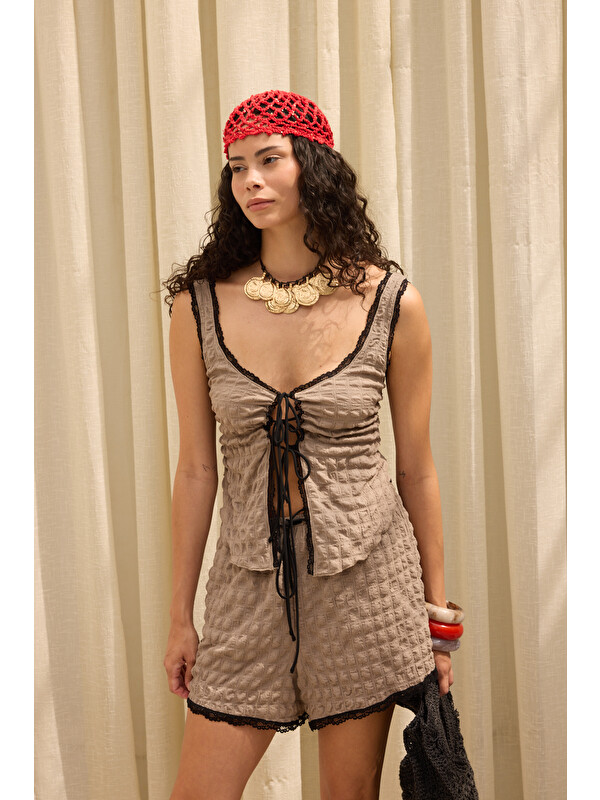 Mai Collection Celeste Dantel Detay Vizon Crop Şort Takım