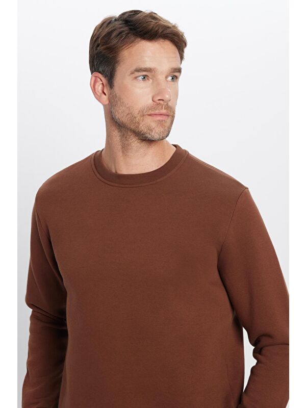 TUDORS Unisex Relax Fit Rahat Kesim Pamuklu Yumuşak Dokulu Polarlı Kahverengi Bisiklet Yaka Sweatshirt