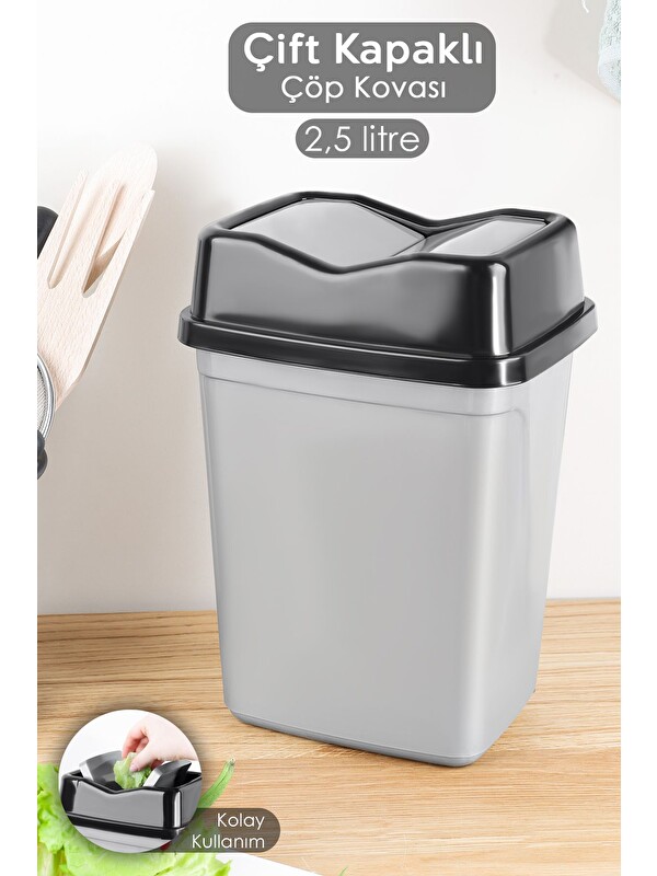 Meleni Home Çift Kapaklı Kelebek Çöp Kovası Tezgah Üstü Banyo Mutfak Ofis Çöp Kovası 2,5 lt'litre