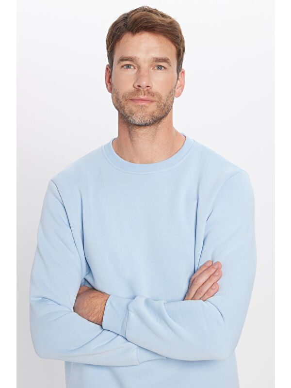 TUDORS Unisex Relax Fit Rahat Kesim Pamuklu Yumuşak Dokulu İçi Polarlı Basic Mavi Bisiklet Yaka Sweatshirt