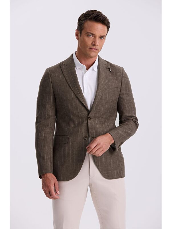 JAKAMEN Kahve Slim Fit Kırlangıç Yaka Çizgili Keten Pamuk Mevsimlik Ceket