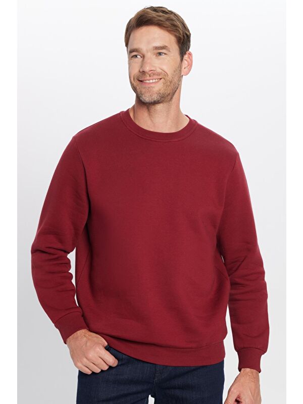 TUDORS Unisex Relax Fit Rahat Kesim Pamuklu Yumuşak Dokulu İçi Polarlı Basic Bordo Bisiklet Yaka Sweatshirt