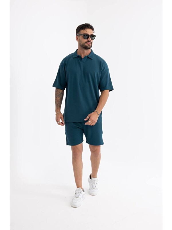 Comstar Erkek Basic Polo Yaka Tişört Şort Mavi Ikili Takım