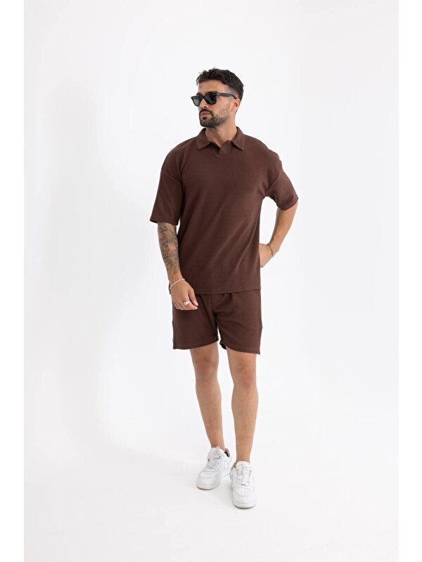 Comstar Erkek Basic Polo Yaka Tişört Şort Kahve Ikili Takım