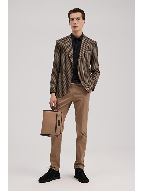 JAKAMEN Kahve Slim Fit Mono Yaka Kazayağı Desenli Ceket