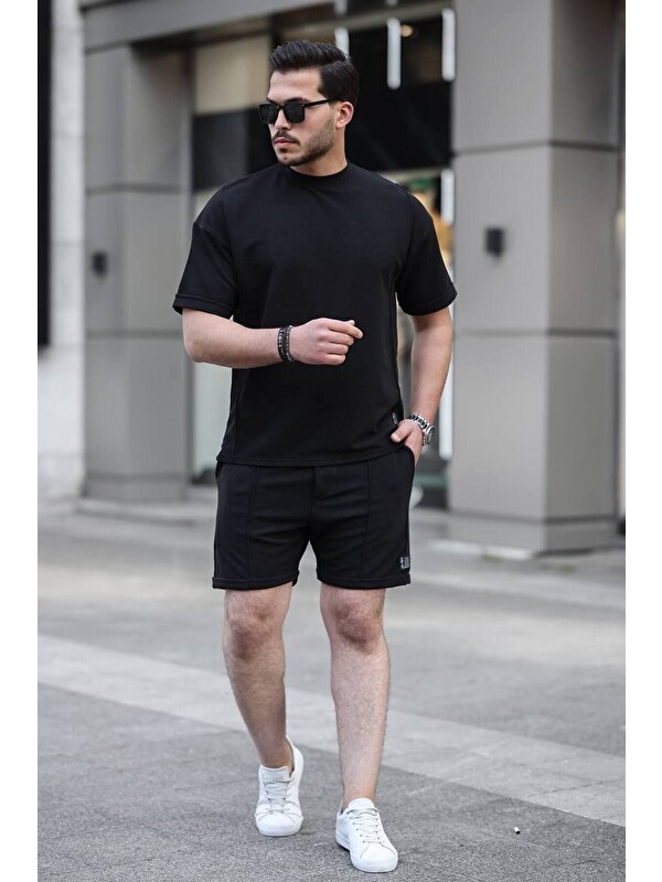 Comstar Erkek Alt Üst Oversize Tişört Basic Şort Siyah Ikili Takım