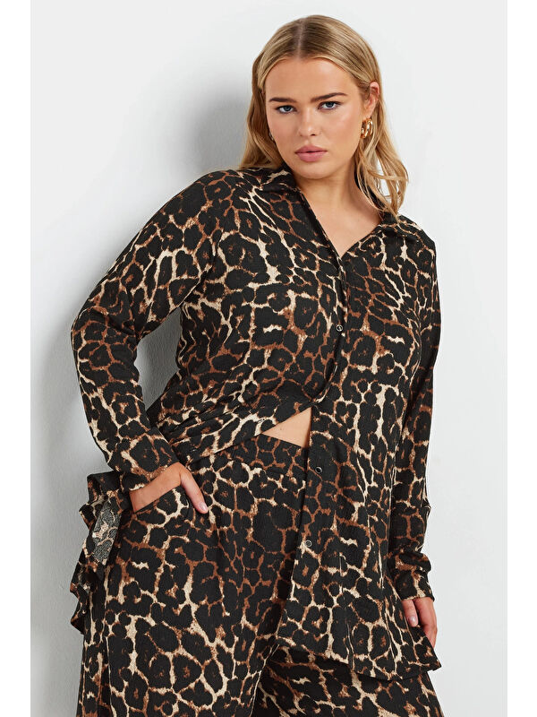Stil Diva Büyük Beden Uzun Kollu Önü Düğmeli Leopar Desenli Gömlek