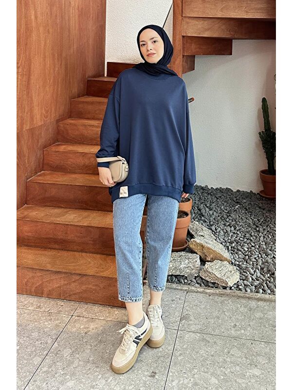 Lamelif Etiket Detaylı Oversize Sweatshirt Lacivert