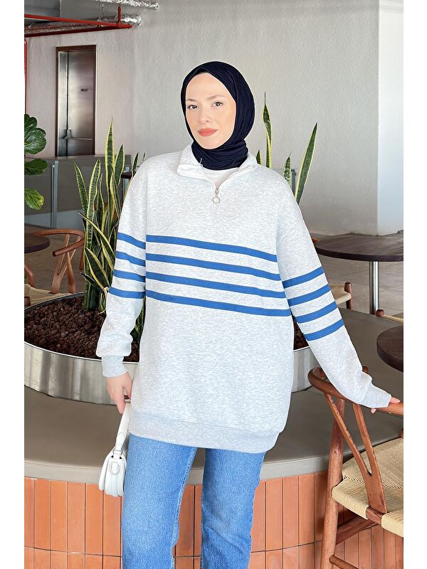 Lamelif Yarım Fermuarlı Sweatshirt Tunik Gri