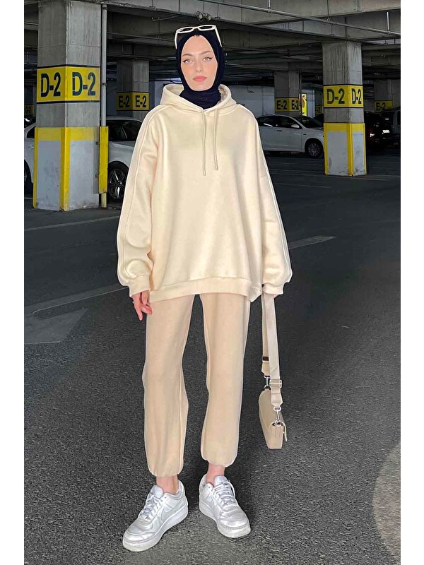 Lamelif Kapüşonlu Oversize Yan Cepli Sweat Krem