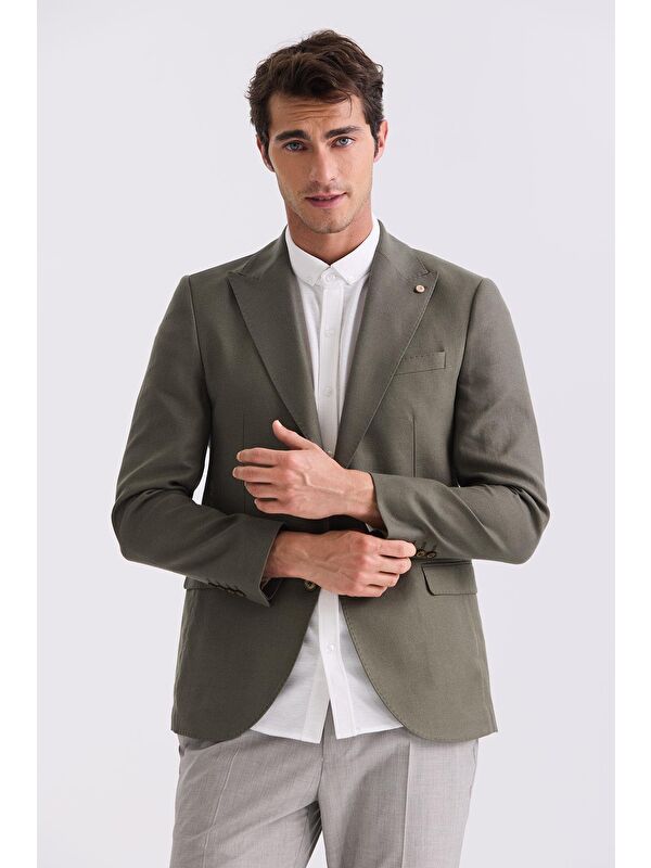 JAKAMEN Yeşil Slim Fit Sivri Yaka Keten Spor Ceket