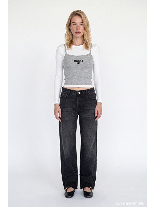 QUZU Katlamalı Paça Wide Leg Jean Pantolon Antrasit