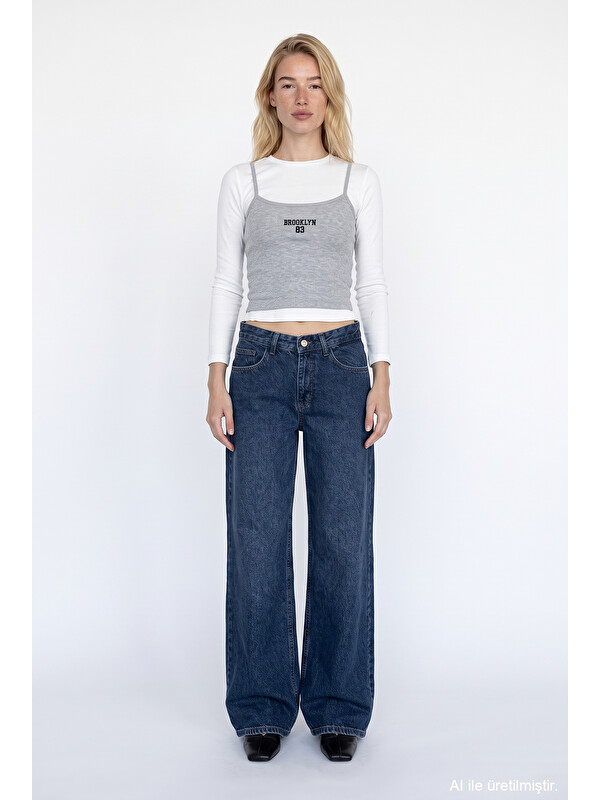 QUZU Yüksek Bel Wide Leg Jean Pantolon Lacivert