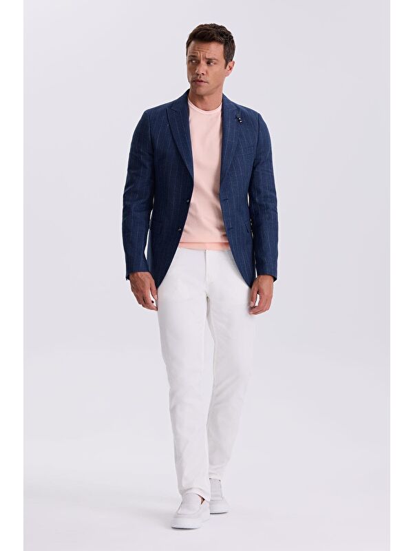 JAKAMEN Lacivert Slim Fit Kırlangıç Yaka Çizgili Keten Pamuk Mevsimlik Ceket