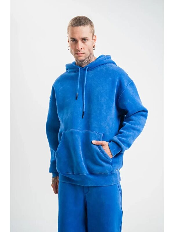 Jane's Unisex Double Oversize Kapüşonlu Yıkamalı Sweatshirt - Mavi