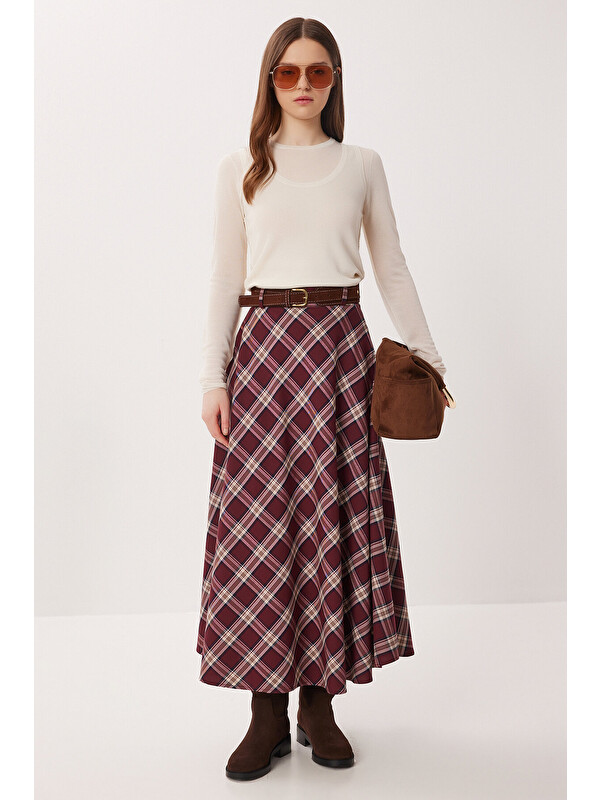 Happiness İstanbul Kemerli Kareli Midi Dokuma Etek BORDO KREM LDP0094