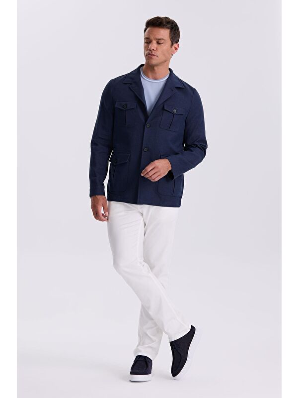 JAKAMEN Lacivert Slim Fit Cepli Keten Pamuk Mevsimlik Safari Ceket