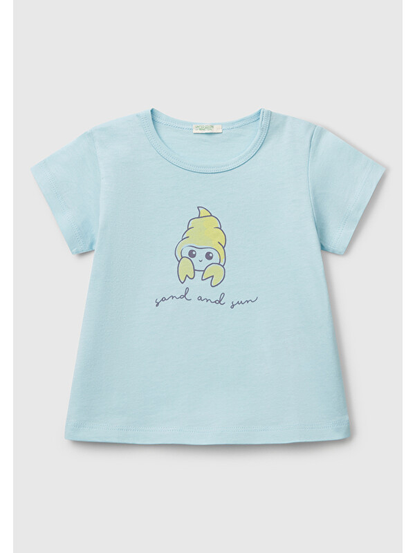 United Colors Of Benetton Bebek Turkuaz Önü Baskılı Omzu Çıtçıt Düğmeli T-Shirt