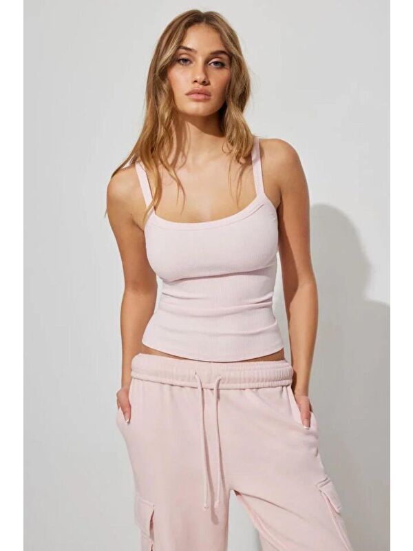 Madmext Pembe Fitilli Görünümlü Askılı Basic Atlet Mg2236