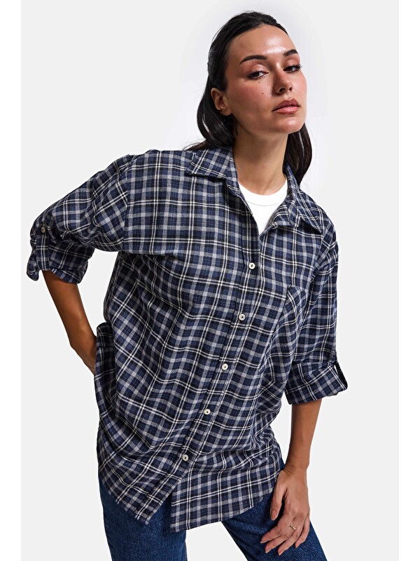 It's Basic Kadın Gri Laci Ekose w6-54 Oversize Gömlek