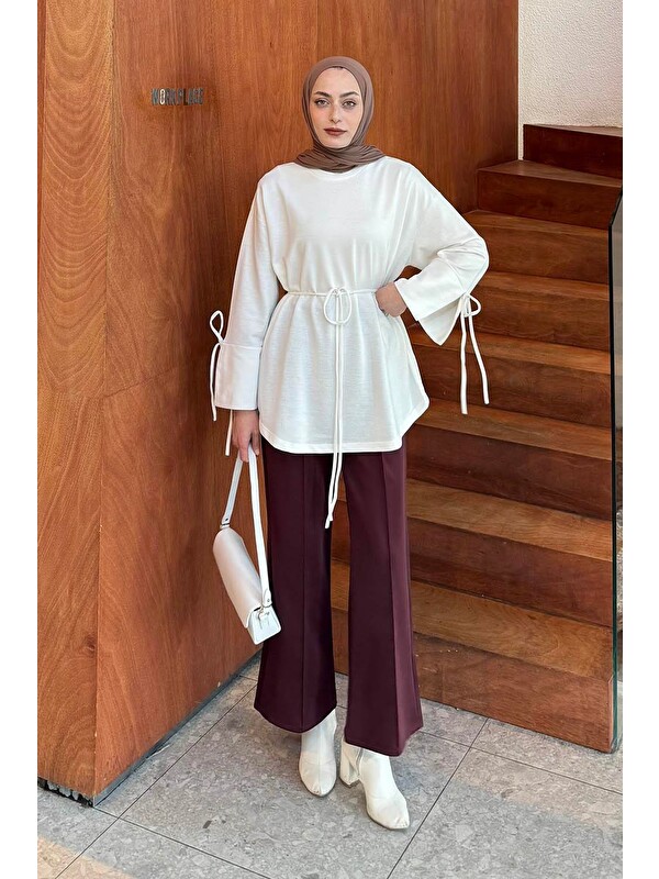 Lamelif Yırtmaç Detaylı Sweat Beyaz