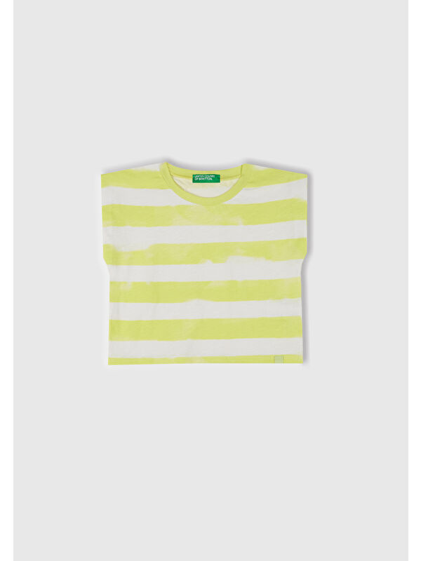 United Colors Of Benetton Kız Çocuk Sarı Çizgili Boynu Nervürlü Logo Etiketi Detaylı Kolsuz T-Shirt