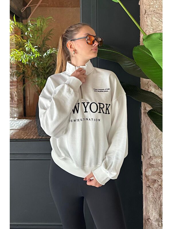 Madmext Ekru Yarım Fermuarlı Baskılı Sweatshirt Mg2240