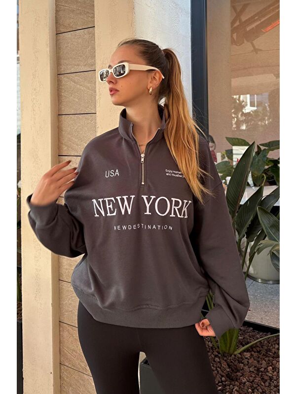 Madmext Füme Yarım Fermuarlı Baskılı Sweatshirt Mg2240