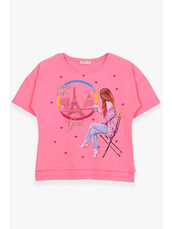 Breeze Kız Çocuk Tişört Kalpli Simli Kız Baskılı Neon Pembe (9-16 Yaş)