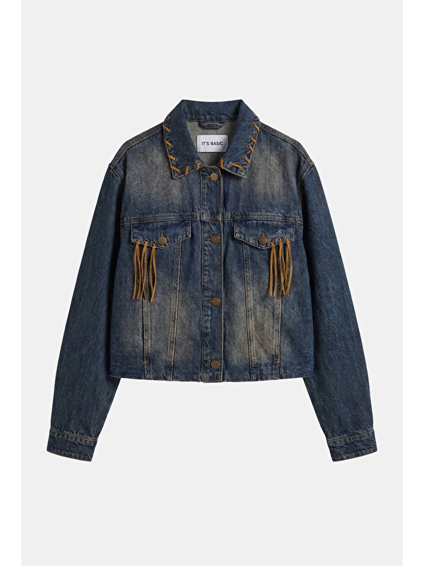 It's Basic Kadın T.Kot Rengi 2w6-8 Kemer Boy Süet Detaylı Tasarım Denim Ceket