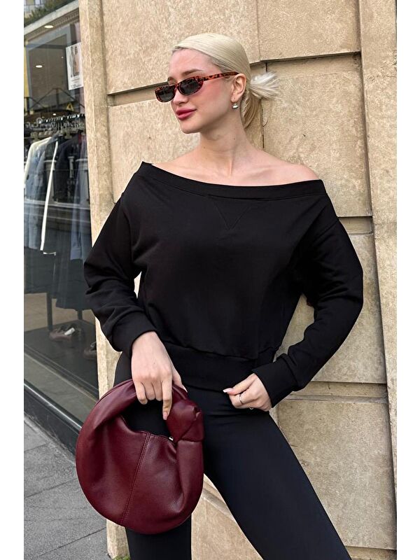 Madmext Siyah Kayık Yaka Kadın Sweatshirt Mg2239