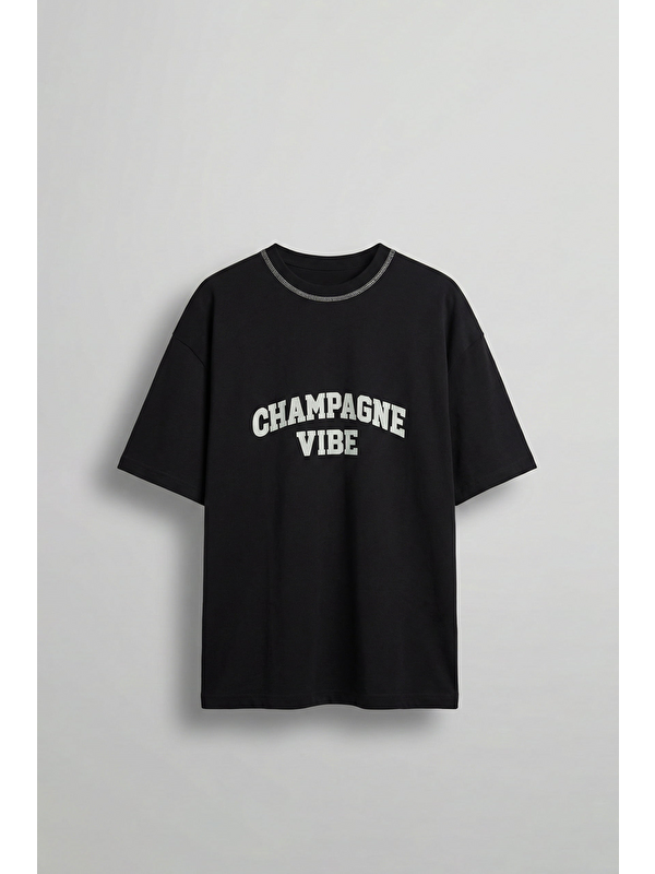 Abluka Online Erkek Oversize Premium Kontrast Yaka Baskılı T-Shirt Siyah