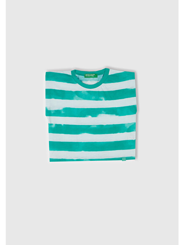 United Colors Of Benetton Kız Çocuk Yeşil Çizgili Boynu Nervürlü Logo Etiketi Detaylı Kolsuz T-Shirt